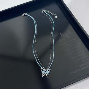 Двойное колье из стали и бисера с голубой бабочкой J11434CJJ