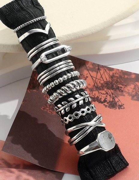 Комплект массивных серебристых колец с плетением и цепями L81127