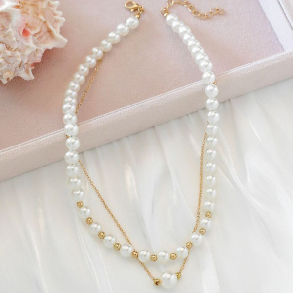 Двойное жемчужное колье с золотистой цепочкой CJG30837