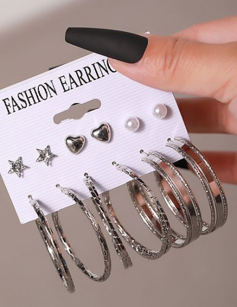 Набор серебристых серег конго с жемчужными пусетами и звездами Z13807