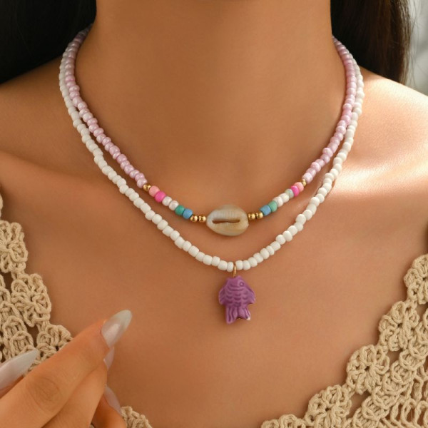 Двойной жемчужный чокер с розовой морской звездой и рыбкой CJR61463