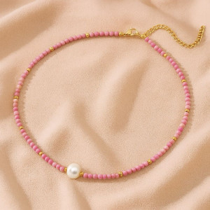 Яркие бусы из розового бисера с жемчужиной J10753CJJ