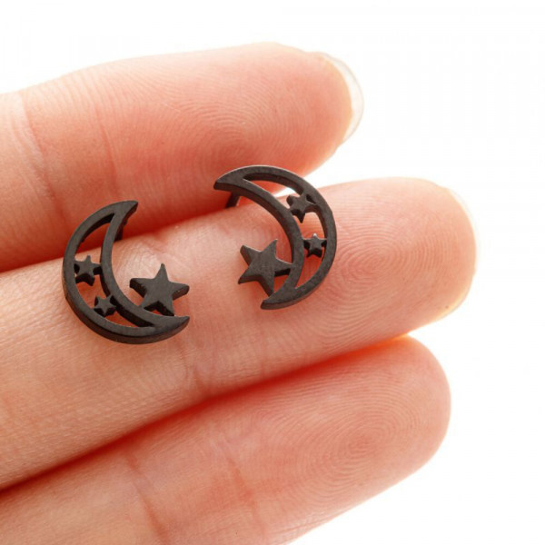 Черные серьги-пусеты Месяц и звезды CJJ17252