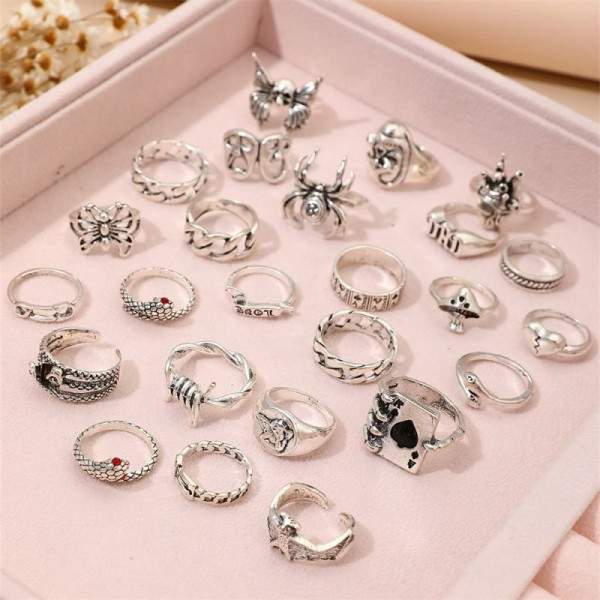 Серебристый сет колец с черепами и массивными цепями N89238