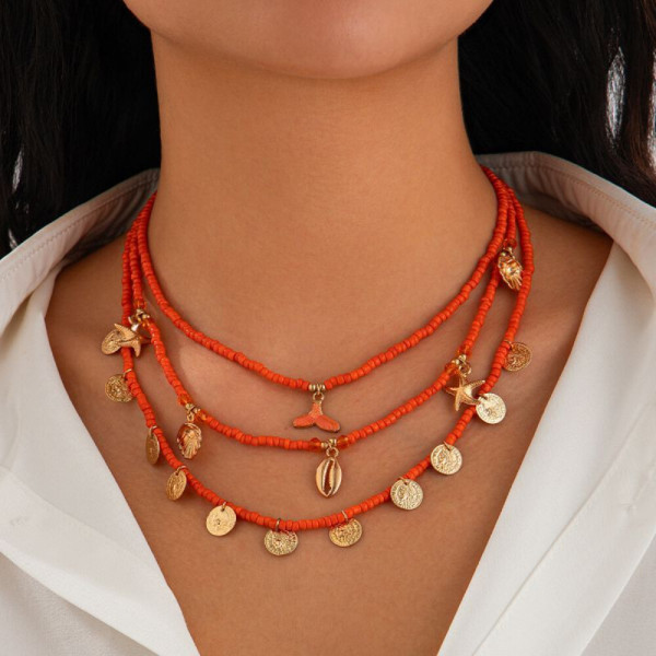 Тройной оранжевый чокер с золотистыми дисками CJH22171