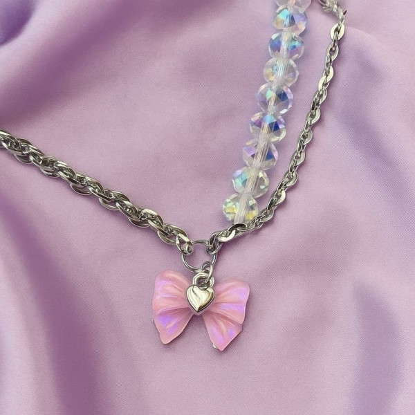 Комбинированное колье с цепью и розовым бантом J10756CJJ