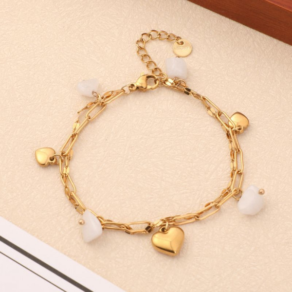 Браслет двойной с натуральными камнями и подвесками-сердцами CJN35558