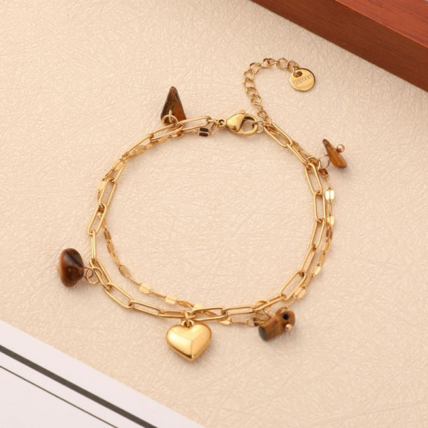 Браслет двойной с натуральными камнями и подвесками-сердцами CJN35558