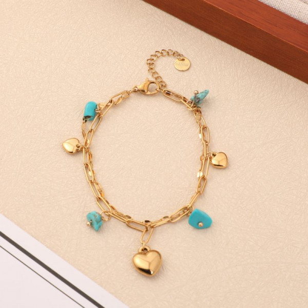 Браслет двойной с натуральными камнями и подвесками-сердцами CJN35558