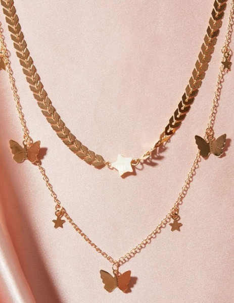 Двойная золотистая цепочка с подвесками в форме бабочек S66927