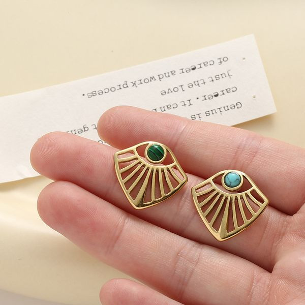 Серьги-пусеты Веера этнические с бирюзой CJL47077