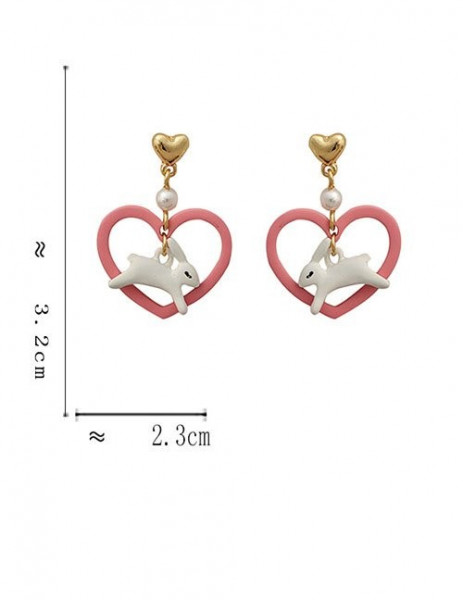 Висячие серьги с розовыми сердцами и фигурками белых зайцев Z28478