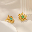 Серьги-пусеты Цветы с зеленым кристаллом в золотистой оправе CJL30520