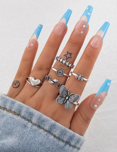 Серебристый комплект колец с крупной бабочкой и стразами U73230