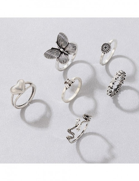 Серебристый комплект колец с крупной бабочкой и стразами U73230