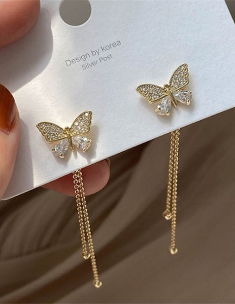 Серьги-гвоздики с золотистыми бабочками и нитями U99022