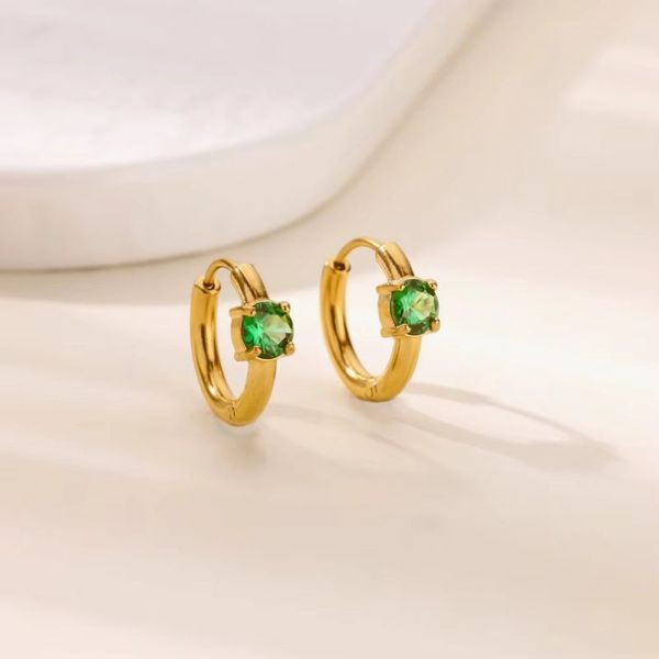 Серьги-кольца маленькие с зеленым кристаллом CJL47107