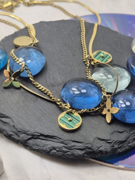 Многослойная цепочка с зелеными вставками и клевером J10850CJJ