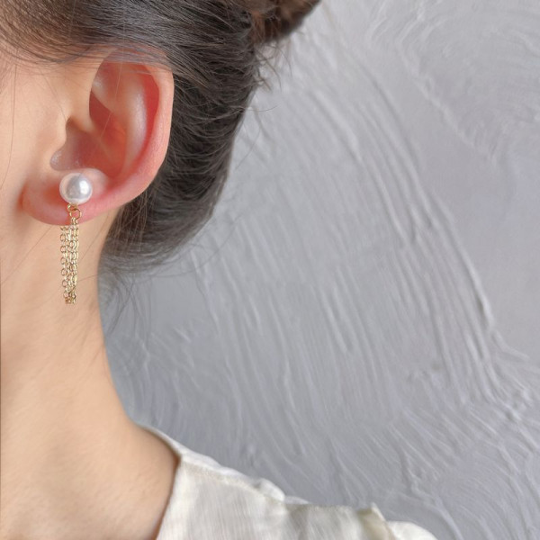 Серьги-пусеты с жемчугом и длинными цепочками CJQ20375