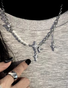 Стальная цепочка с подвесками в форме звезд и жемчугом Z60882MSK