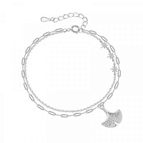 Серебристый многослойный браслет с подвеской-листком M87537