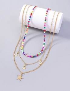 Многослойное золотистое Колье с разноцветным бисером и звездами M10591