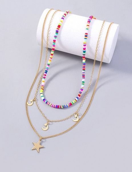 Многослойное золотистое Колье с разноцветным бисером и звездами M10591
