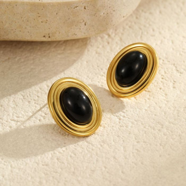 Серьги-пусеты Овалы с темно-зеленой вставкой CJM52412