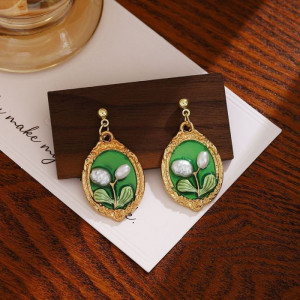 Винтажные серьги пусеты с растительным узором на эмали CJL20066