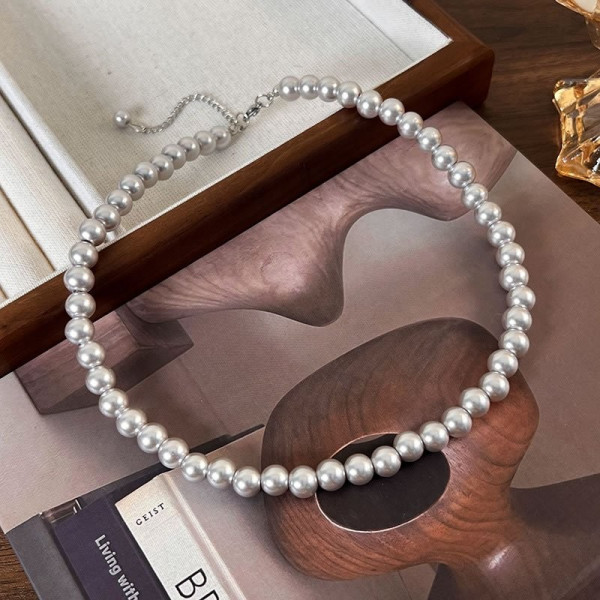 Классические бусы из калиброванного серого жемчуга N86706