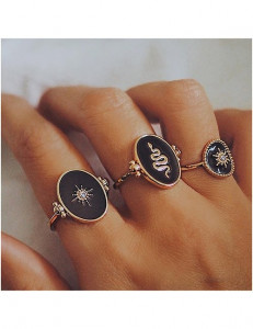 Сет колец с черными овальными вставками и гравировкой M14777