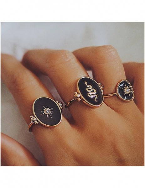 Сет колец с черными овальными вставками и гравировкой M14777