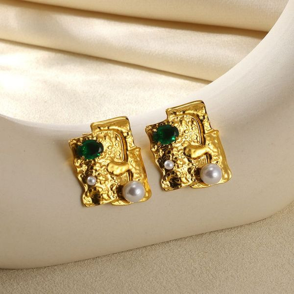 Серьги-пусеты Прямоугольники «Мятый металл» с жемчугом CJL47119