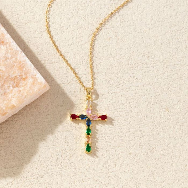 Золотистая Цепочка с крестом и цветными камнями CJM35799
