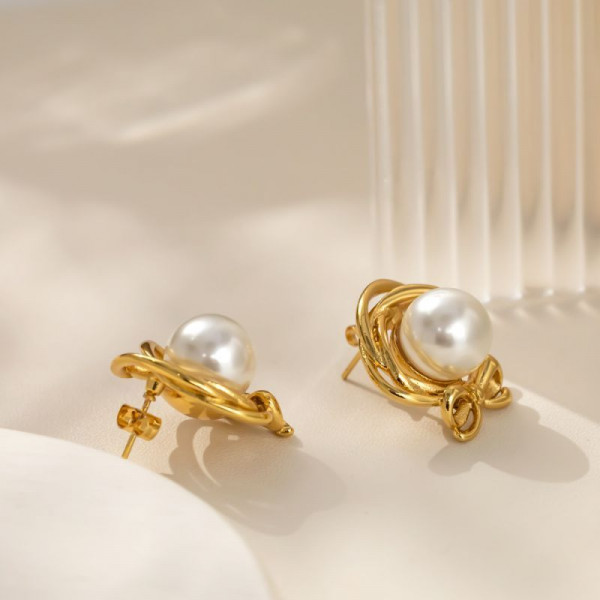 Серьги-пусеты Цветы в оправе с жемчугом CJL30375