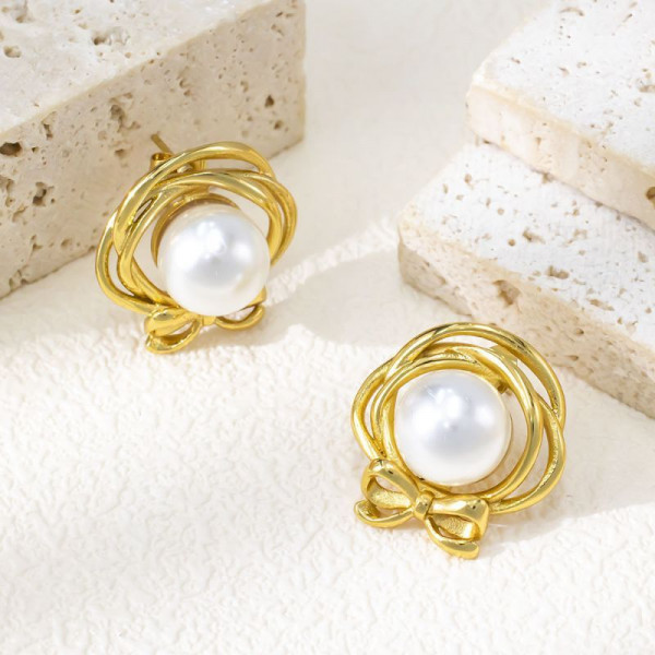 Серьги-пусеты Цветы в оправе с жемчугом CJL30375