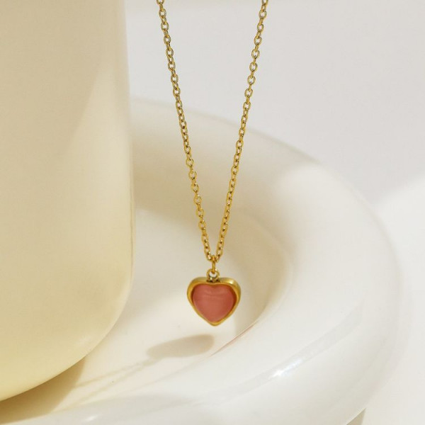 Стальная цепочка с напылением золотом кулон сердце с розовой вставкой J10093CJJ