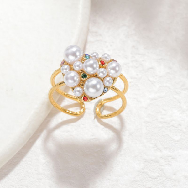 Двойное кольцо с цветами из жемчуга и кристаллов CJP80784