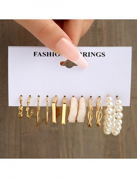 Набор золотистых серег конго с жемчужными нитями и текстурными кольцами Z05903