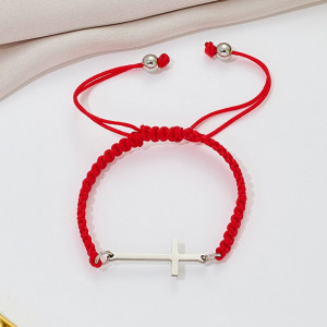 Браслет плетеная нить с длинным серебристым крестом CJQ65918