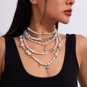 Многослойное колье с крестами и жемчугом 11653CJJ