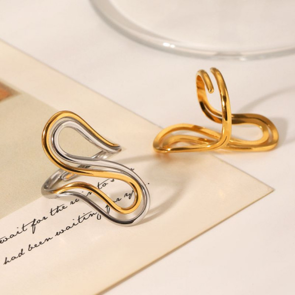 Разомкнутое кольцо с волнообразным двухцветным дизайном CJN93223