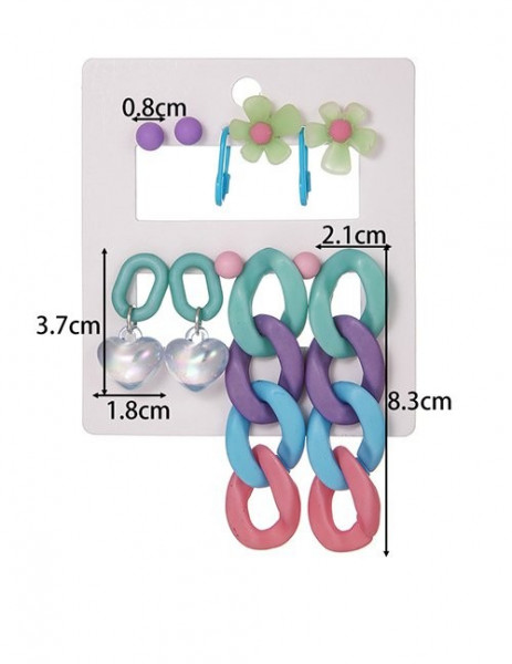 Набор массивных разноцветных серег с цветами сердцами и крупными цепями M13112