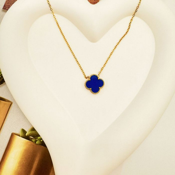 Стальная цепочка с напылением золотом, кулон клевер синий J10296CJJ
