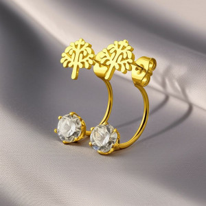 Золотистые стальные серьги-джекеты в форме деревьев с кристаллами 1J10347CJJ
