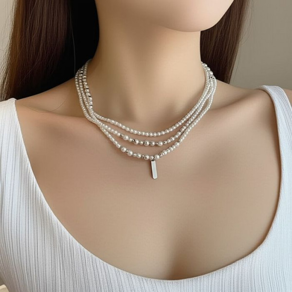 Многослойное колье с жемчужной крошкой и цепочками 11647CJJ