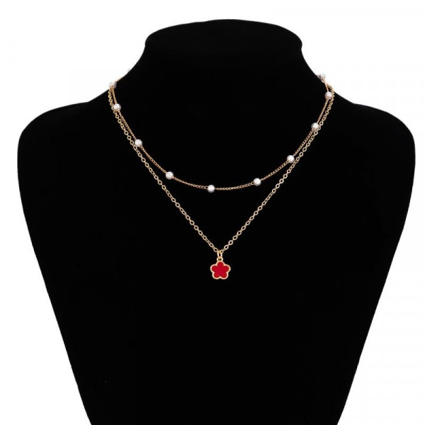 Двойная цепочка с жемчужинами и красной каплевидной подвеской CJC60830
