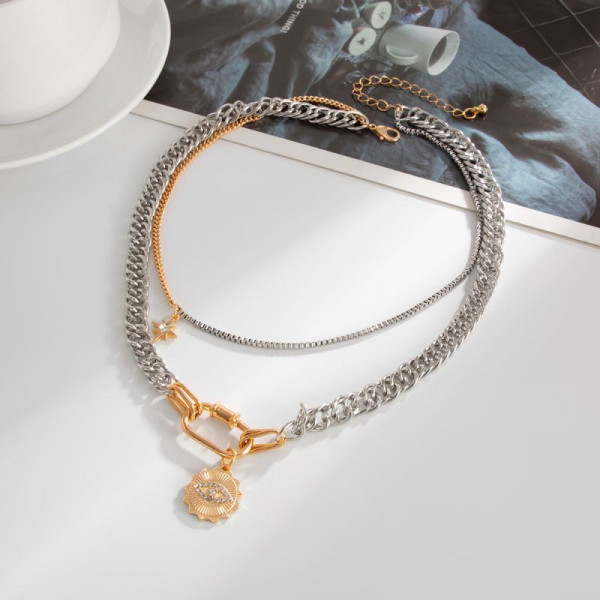 Двойная серебристая цепочка с кольцом и подвеской-монетой CJT03618