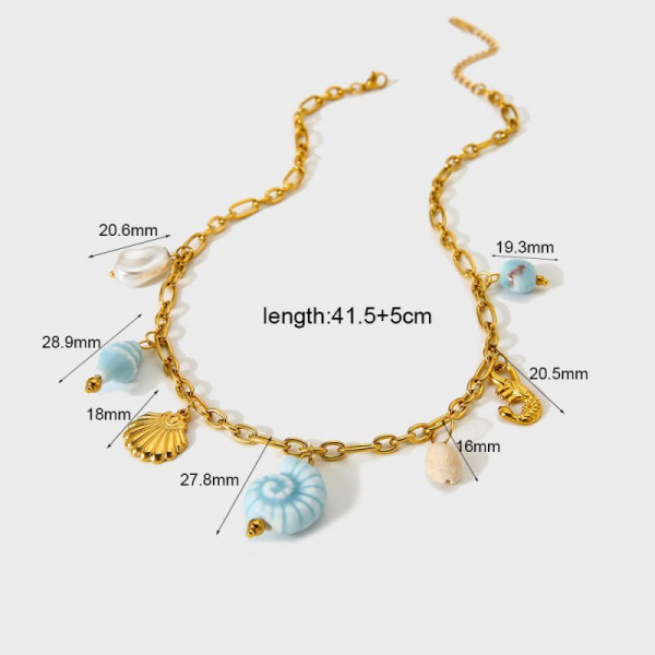 Золотистое колье в морском стиле с ракушками и цветами CJP80039