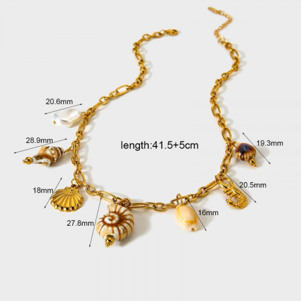 Золотистое колье в морском стиле с ракушками и цветами CJP80039